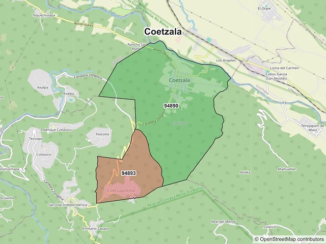 Mapa de códigos postales de Coetzala, Veracruz de Ignacio de la Llave