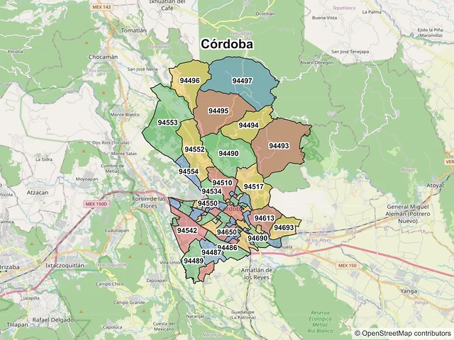 Mapa de códigos postales de Córdoba, Veracruz de Ignacio de la Llave