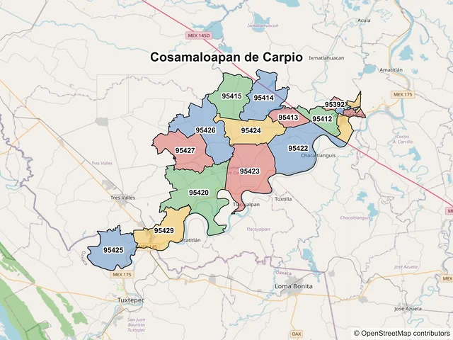 Mapa de códigos postales de Cosamaloapan de Carpio, Veracruz de Ignacio de la Llave