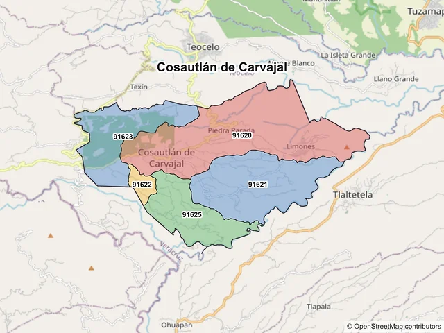 Mapa de códigos postales de Cosautlán de Carvajal, Veracruz de Ignacio de la Llave