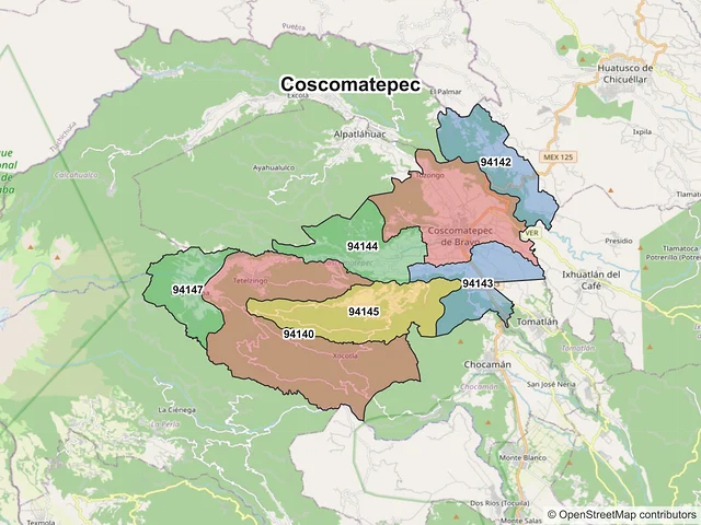 Mapa de códigos postales de Coscomatepec, Veracruz de Ignacio de la Llave
