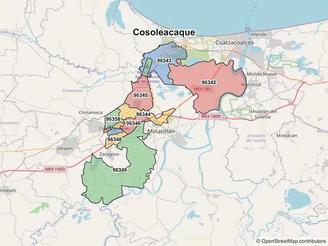 Mapa de códigos postales de Cosoleacaque, Veracruz de Ignacio de la Llave