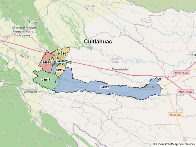 Mapa de códigos postales de Cuitláhuac, Veracruz de Ignacio de la Llave