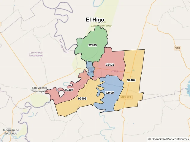 Mapa de códigos postales de El Higo, Veracruz de Ignacio de la Llave