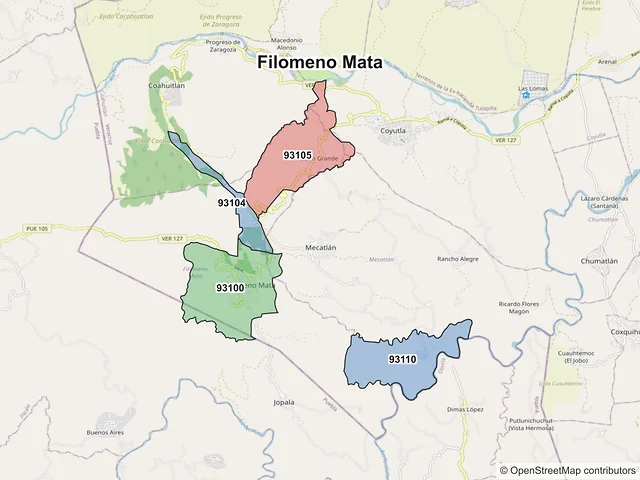 Mapa de códigos postales de Filomeno Mata, Veracruz de Ignacio de la Llave