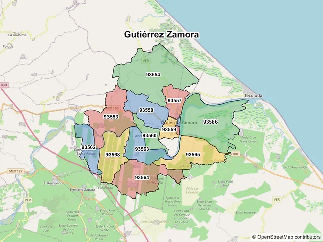 Mapa de códigos postales de Gutiérrez Zamora, Veracruz de Ignacio de la Llave