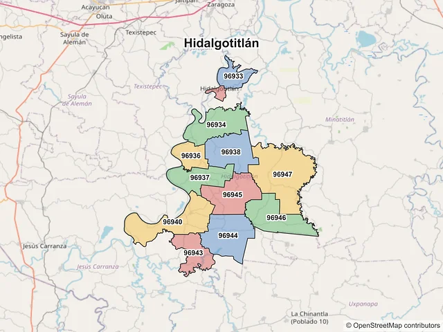 Mapa de códigos postales de Hidalgotitlán, Veracruz de Ignacio de la Llave