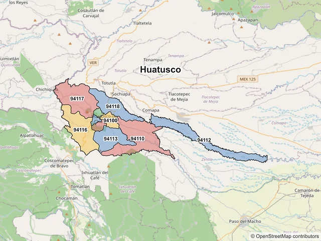 Mapa de códigos postales de Huatusco, Veracruz de Ignacio de la Llave
