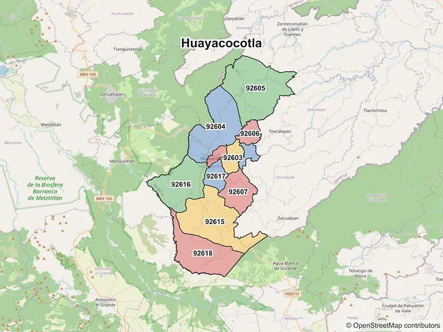 Mapa de códigos postales de Huayacocotla, Veracruz de Ignacio de la Llave