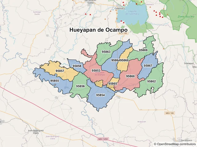Mapa de códigos postales de Hueyapan de Ocampo, Veracruz de Ignacio de la Llave