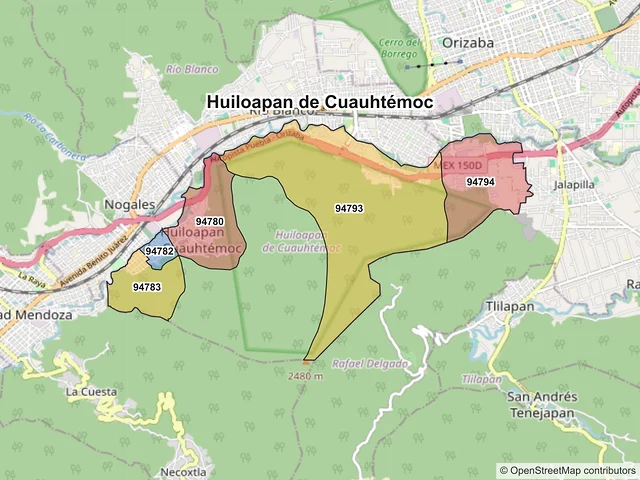 Mapa de códigos postales de Huiloapan de Cuauhtémoc, Veracruz de Ignacio de la Llave