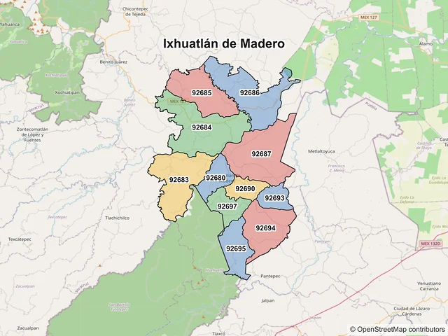Mapa de códigos postales de Ixhuatlán de Madero, Veracruz de Ignacio de la Llave
