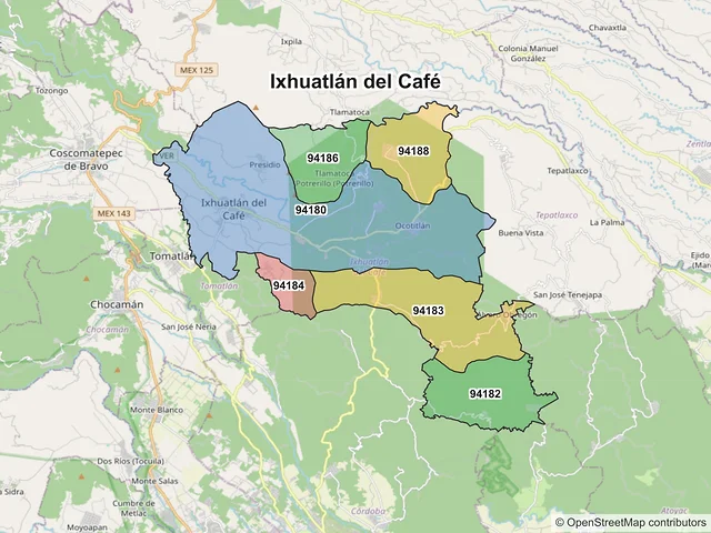 Mapa de códigos postales de Ixhuatlán del Café, Veracruz de Ignacio de la Llave