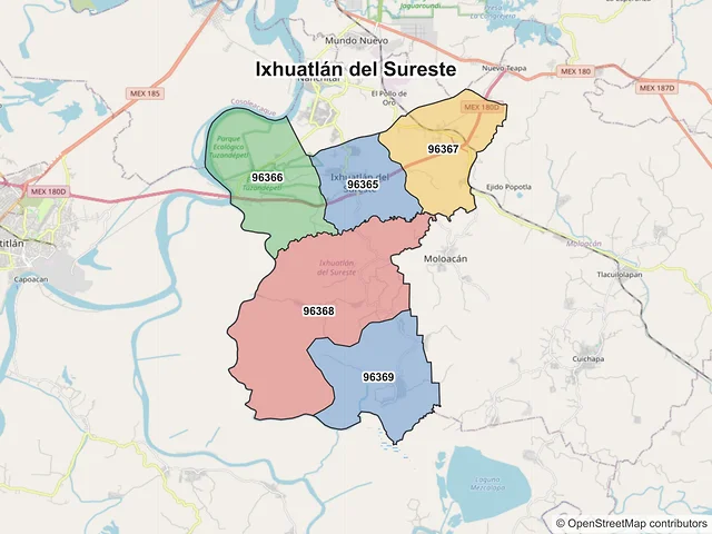 Mapa de códigos postales de Ixhuatlán del Sureste, Veracruz de Ignacio de la Llave