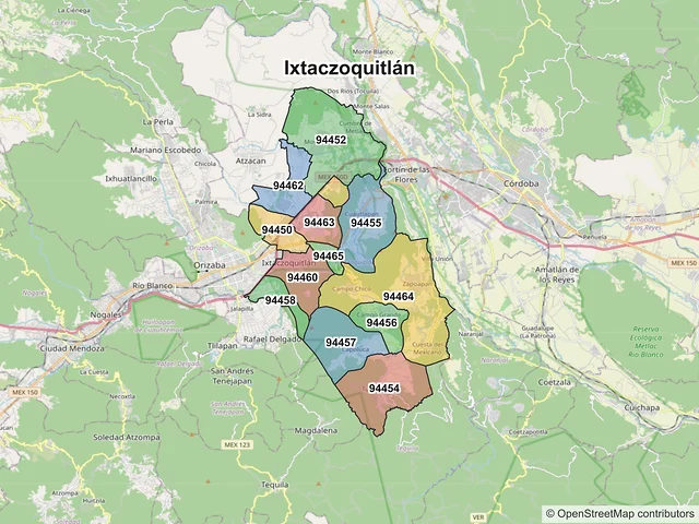 Mapa de códigos postales de Ixtaczoquitlán, Veracruz de Ignacio de la Llave