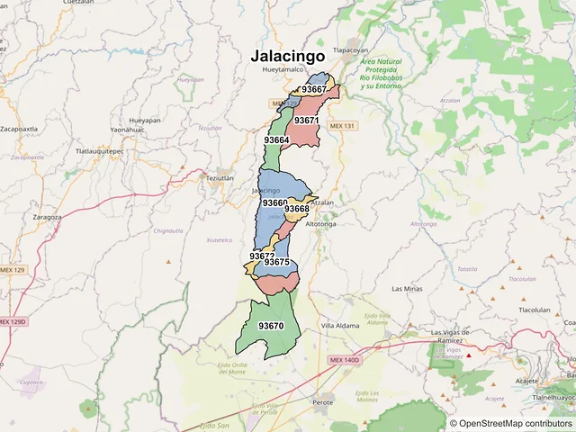 Mapa de códigos postales de Jalacingo, Veracruz de Ignacio de la Llave