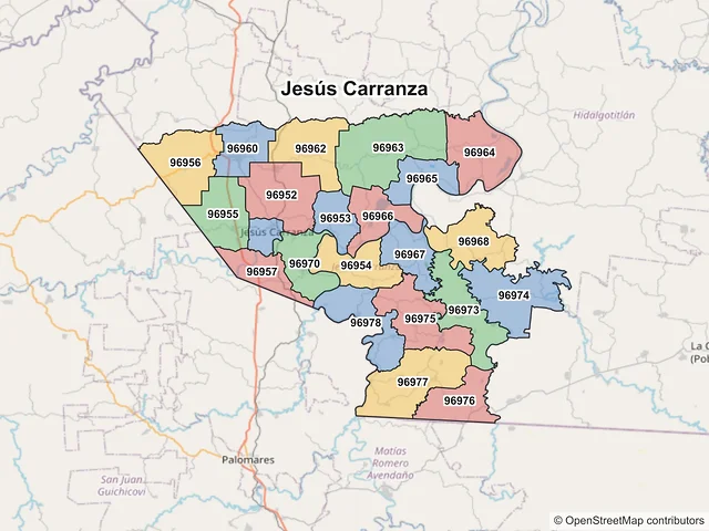 Mapa de códigos postales de Jesús Carranza, Veracruz de Ignacio de la Llave