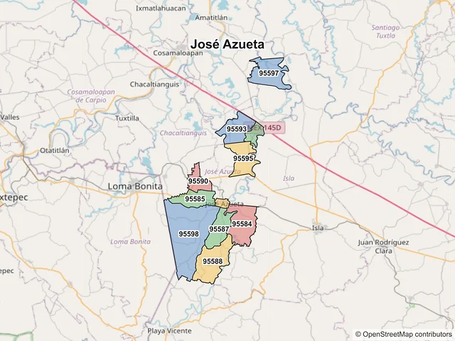 Mapa de códigos postales de José Azueta, Veracruz de Ignacio de la Llave