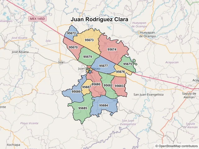 Mapa de códigos postales de Juan Rodríguez Clara, Veracruz de Ignacio de la Llave