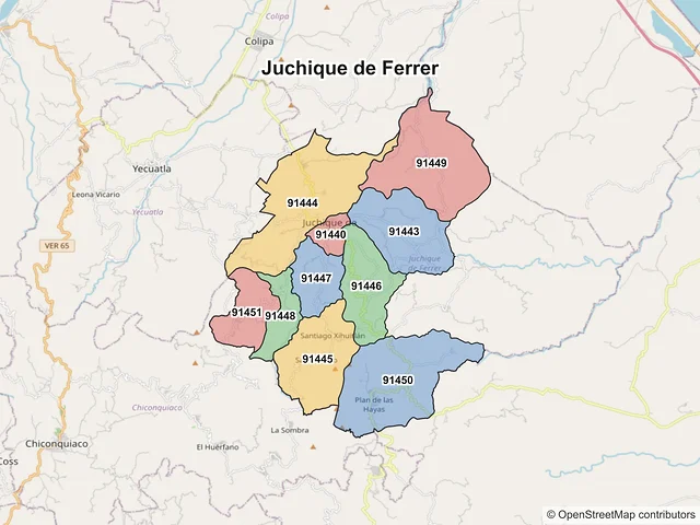 Mapa de códigos postales de Juchique de Ferrer, Veracruz de Ignacio de la Llave