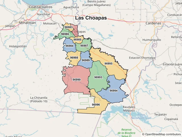 Mapa de códigos postales de Las Choapas, Veracruz de Ignacio de la Llave