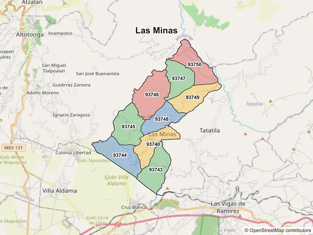 Mapa de códigos postales de Las Minas, Veracruz de Ignacio de la Llave