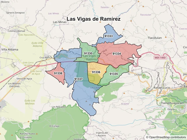 Mapa de códigos postales de Las Vigas de Ramírez, Veracruz de Ignacio de la Llave