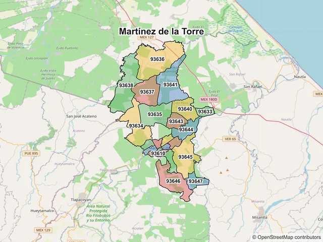 Mapa de códigos postales de Martínez de la Torre, Veracruz de Ignacio de la Llave