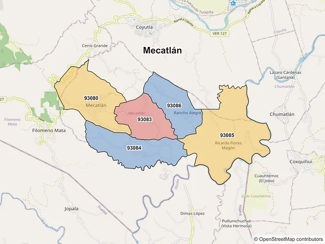 Mapa de códigos postales de Mecatlán, Veracruz de Ignacio de la Llave
