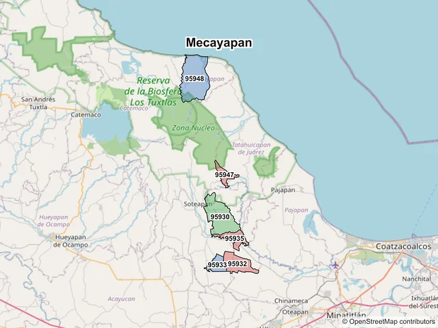 Mapa de códigos postales de Mecayapan, Veracruz de Ignacio de la Llave