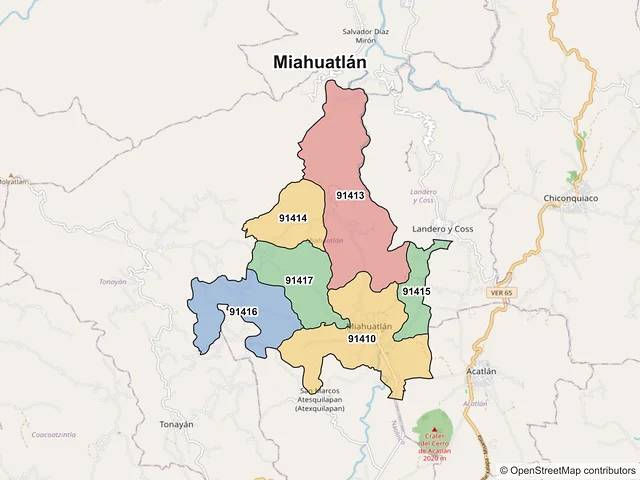 Mapa de códigos postales de Miahuatlán, Veracruz de Ignacio de la Llave