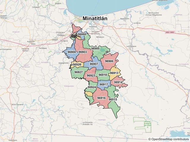 Mapa de códigos postales de Minatitlán, Veracruz de Ignacio de la Llave