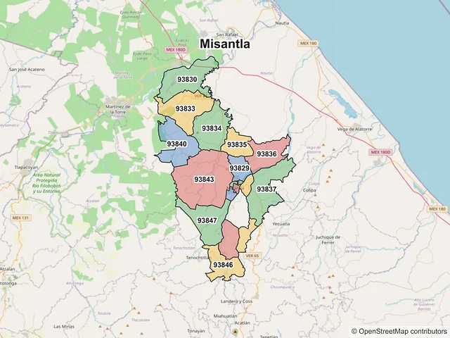 Mapa de códigos postales de Misantla, Veracruz de Ignacio de la Llave