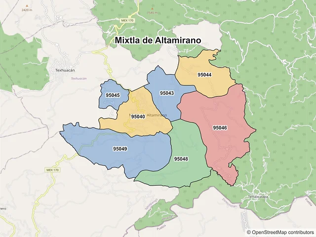 Mapa de códigos postales de Mixtla de Altamirano, Veracruz de Ignacio de la Llave