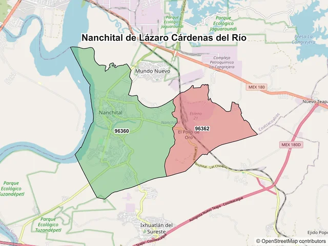 Mapa de códigos postales de Nanchital de Lázaro Cárdenas del Río, Veracruz de Ignacio de la Llave