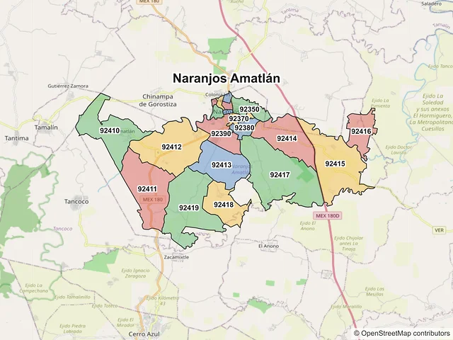 Mapa de códigos postales de Naranjos Amatlán, Veracruz de Ignacio de la Llave