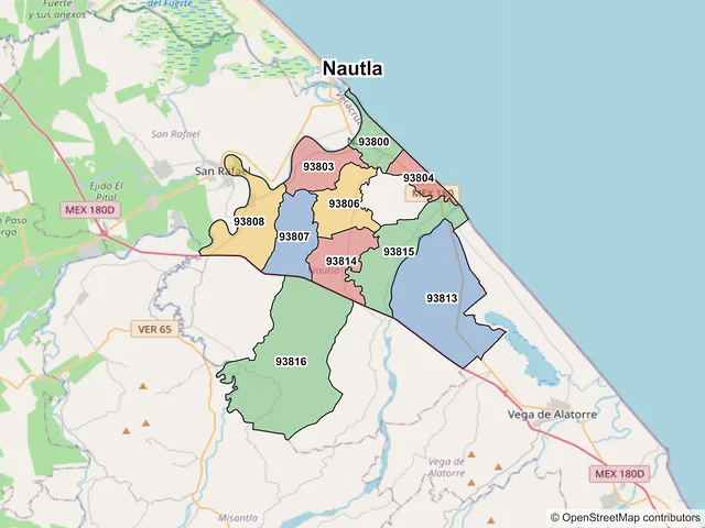 Mapa de códigos postales de Nautla, Veracruz de Ignacio de la Llave