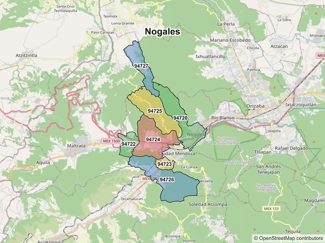 Mapa de códigos postales de Nogales, Veracruz de Ignacio de la Llave