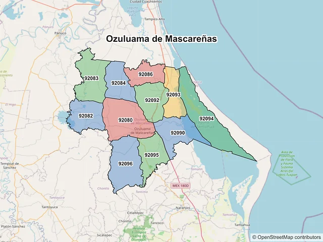 Mapa de códigos postales de Ozuluama de Mascareñas, Veracruz de Ignacio de la Llave