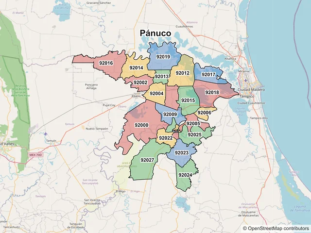 Mapa de códigos postales de Pánuco, Veracruz de Ignacio de la Llave