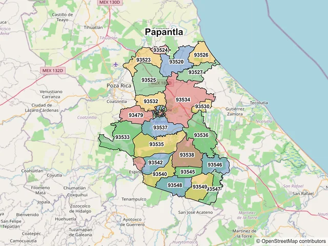 Mapa de códigos postales de Papantla, Veracruz de Ignacio de la Llave