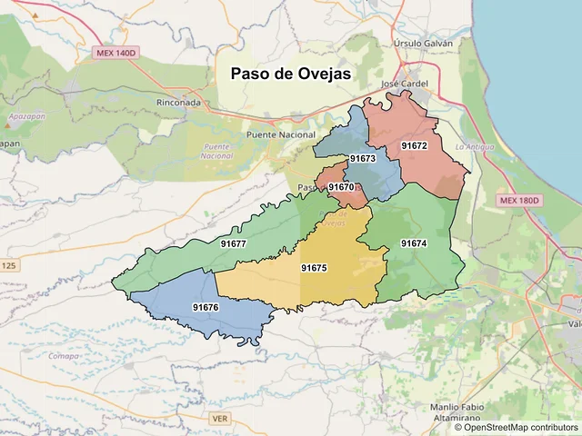 Mapa de códigos postales de Paso de Ovejas, Veracruz de Ignacio de la Llave