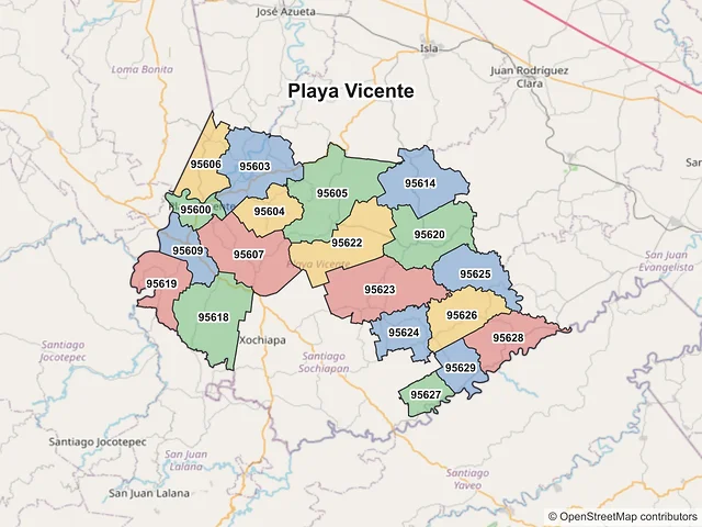 Mapa de códigos postales de Playa Vicente, Veracruz de Ignacio de la Llave
