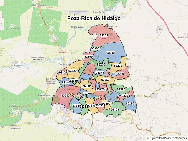 Mapa de códigos postales de Poza Rica de Hidalgo, Veracruz de Ignacio de la Llave