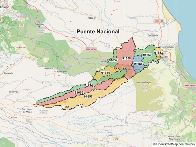 Mapa de códigos postales de Puente Nacional, Veracruz de Ignacio de la Llave