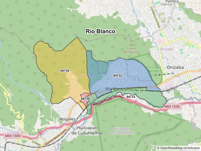 Mapa de códigos postales de Río Blanco, Veracruz de Ignacio de la Llave