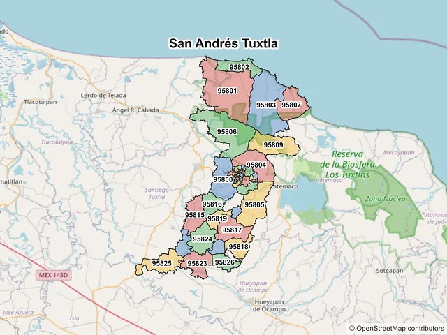 Mapa de códigos postales de San Andrés Tuxtla, Veracruz de Ignacio de la Llave