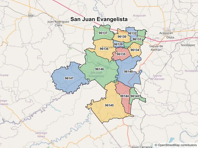 Mapa de códigos postales de San Juan Evangelista, Veracruz de Ignacio de la Llave