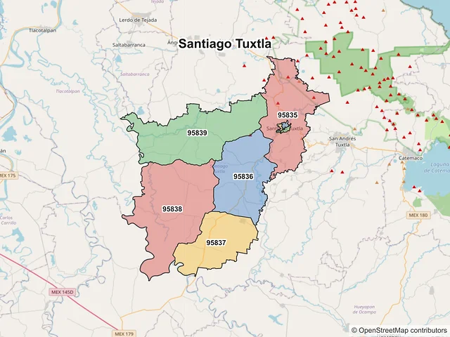 Mapa de códigos postales de Santiago Tuxtla, Veracruz de Ignacio de la Llave