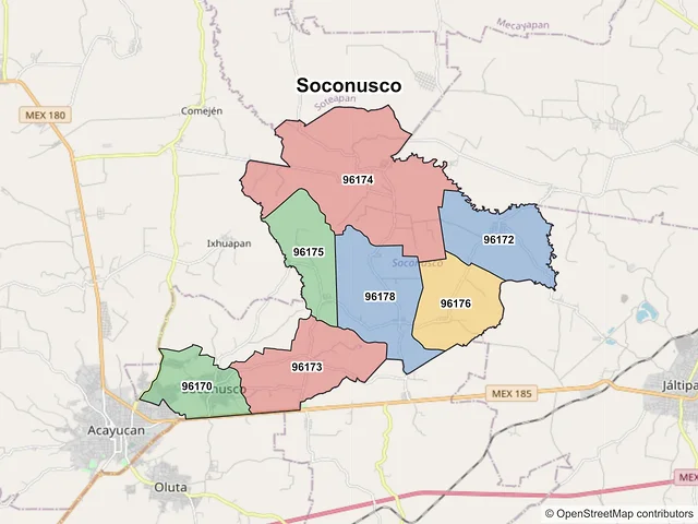 Mapa de códigos postales de Soconusco, Veracruz de Ignacio de la Llave